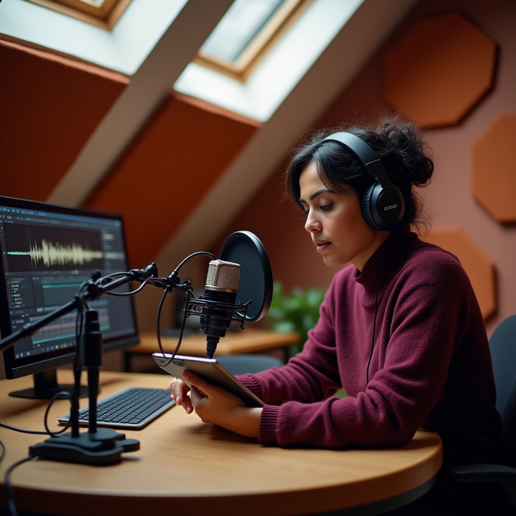 Podcast creator working at a professional recording setup with headphones and microphone