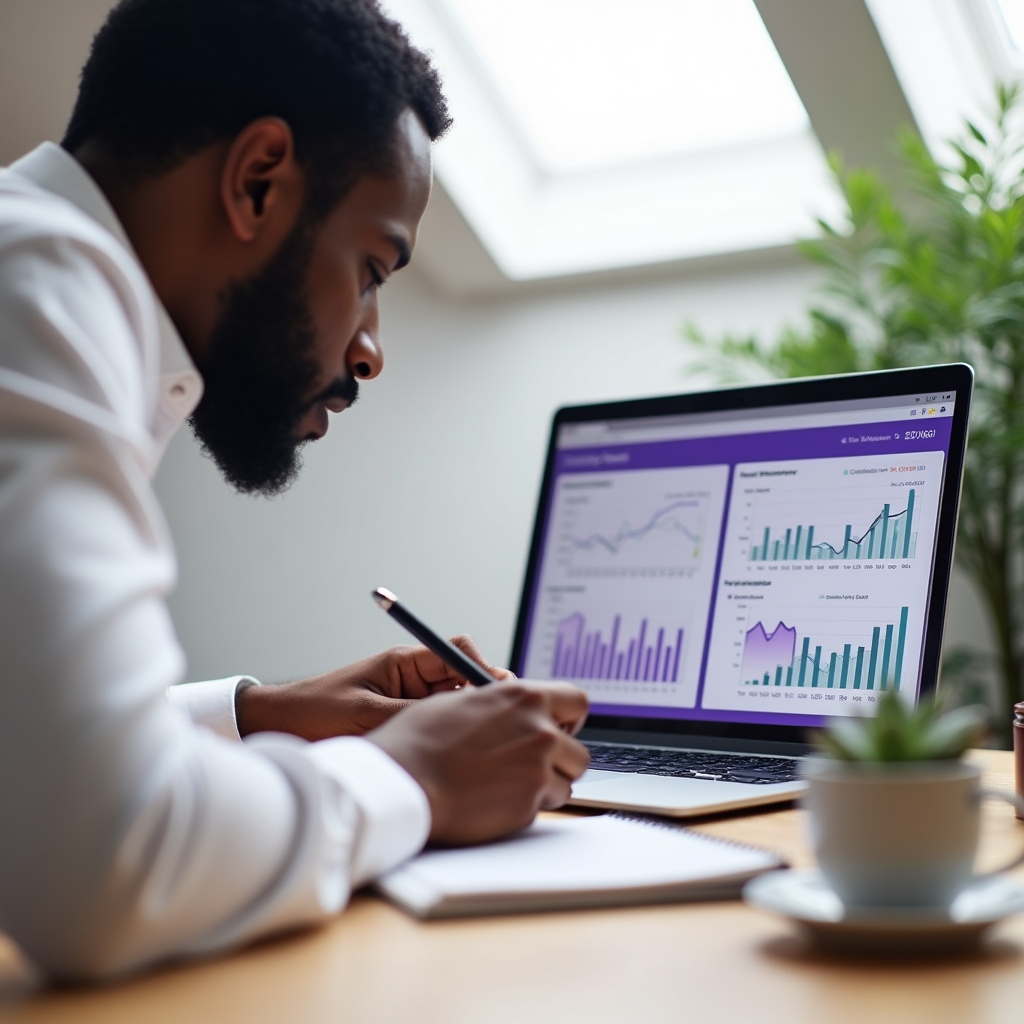 Creator reviewing SEO analytics dashboard showing search discovery metrics and keyword performance