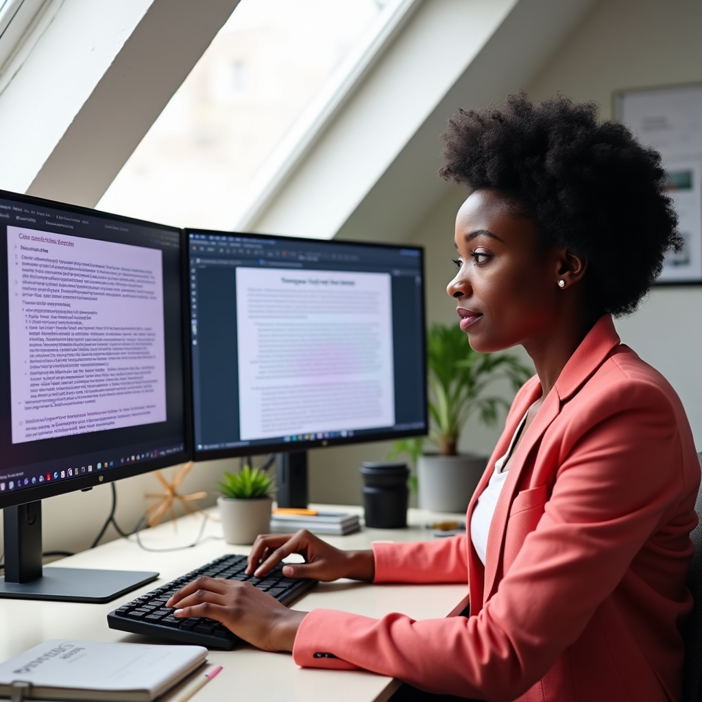 Creator working on transcript optimization with highlighted keywords and structured text on screen